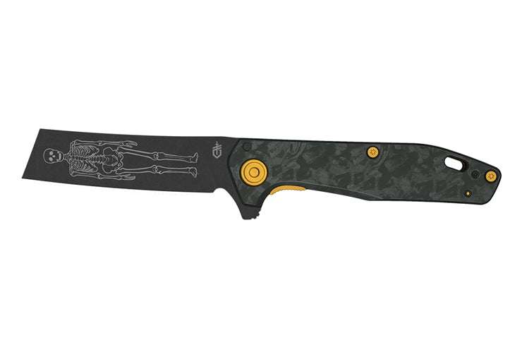 Folding knife with black blade and yellow accents on a white background